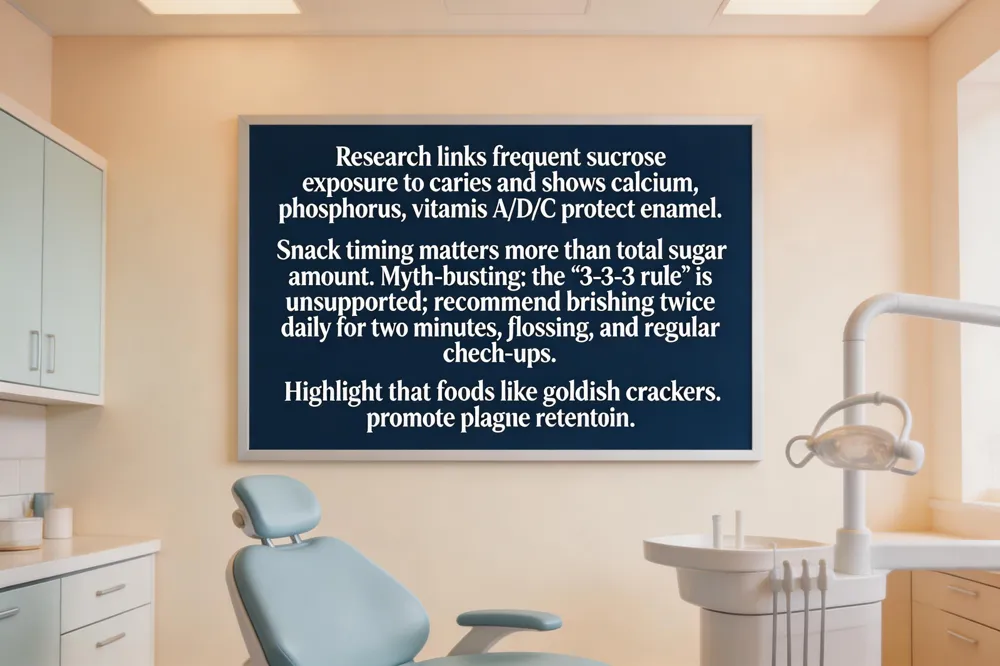 Research links frequent sucrose exposure to caries and shows calcium, phosphorus, vitamins A/D/C protect enamel. Snack timing matters more than total sugar amount. Myth‑busting: the “3‑3‑3 rule” is unsupported; recommend brushing twice daily for two minutes, flossing, and regular check‑ups. Highlight that foods like goldfish crackers promote plaque retention.