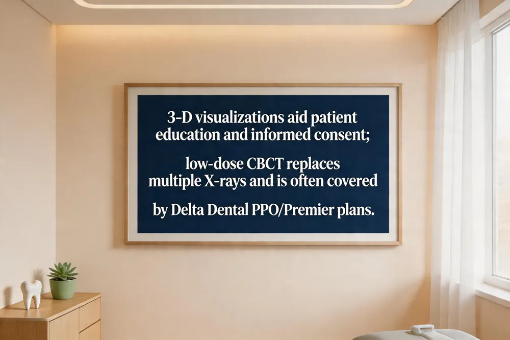 3‑D visualizations aid patient education and informed consent; low‑dose CBCT replaces multiple X‑rays and is often covered by Delta Dental PPO/Premier plans.