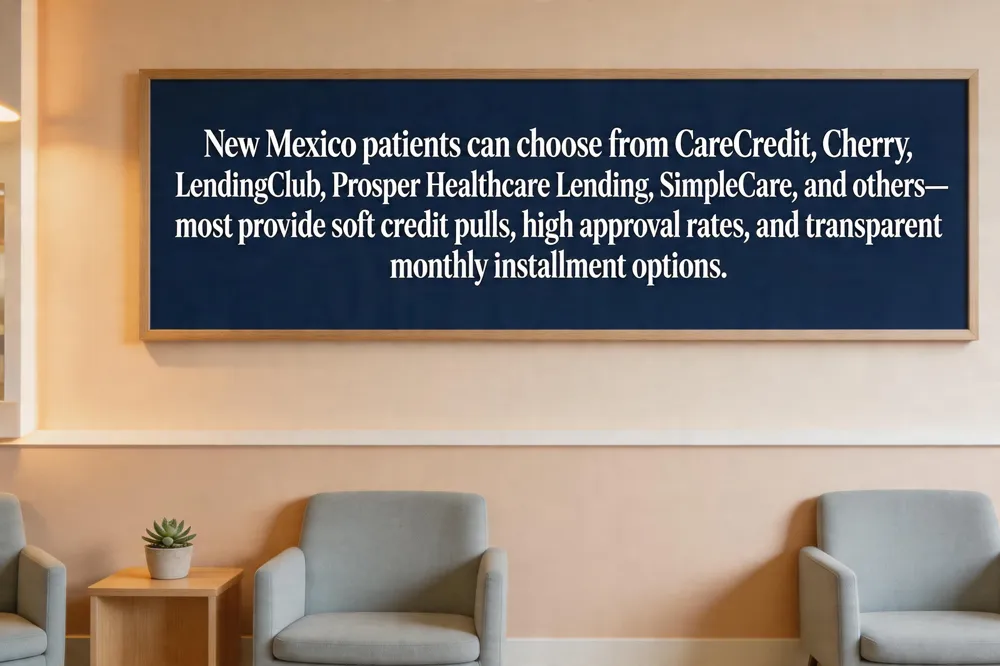 New Mexico patients can choose from CareCredit, Cherry, LendingClub, Prosper Healthcare Lending, SimpleCare, and others—most provide soft credit pulls, high approval rates, and transparent monthly installment options.