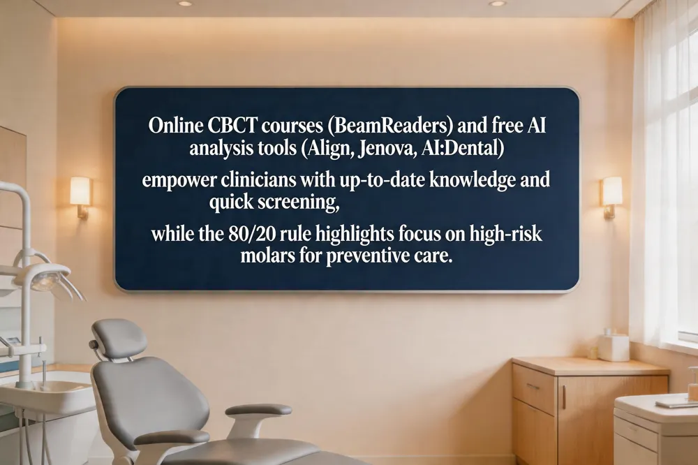 Online CBCT courses (BeamReaders) and free AI analysis tools (Align, Jenova, AI:Dental) empower clinicians with up‑to‑date knowledge and quick screening, while the 80/20 rule highlights focus on high‑risk molars for preventive care.