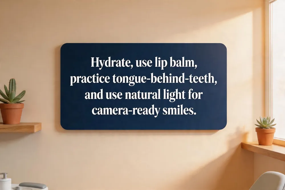 Hydrate, use lip balm, practice tongue‑behind‑teeth, and use natural light for camera‑ready smiles.
