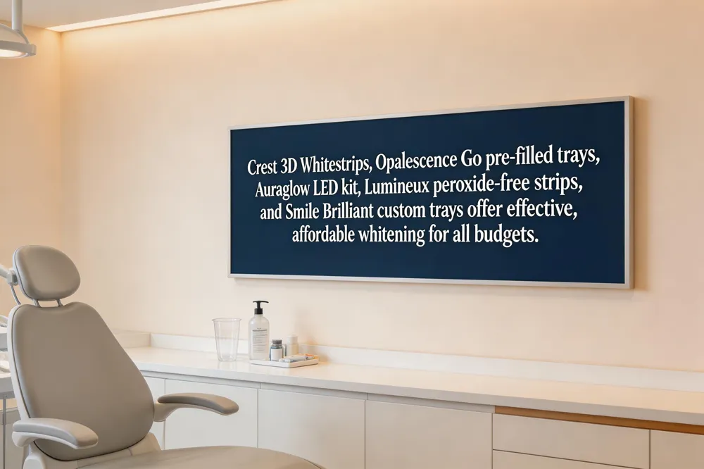 Crest 3D Whitestrips, Opalescence Go pre‑filled trays, Auraglow LED kit, Lumineux peroxide‑free strips, and Smile Brilliant custom trays offer effective, affordable whitening for all budgets.