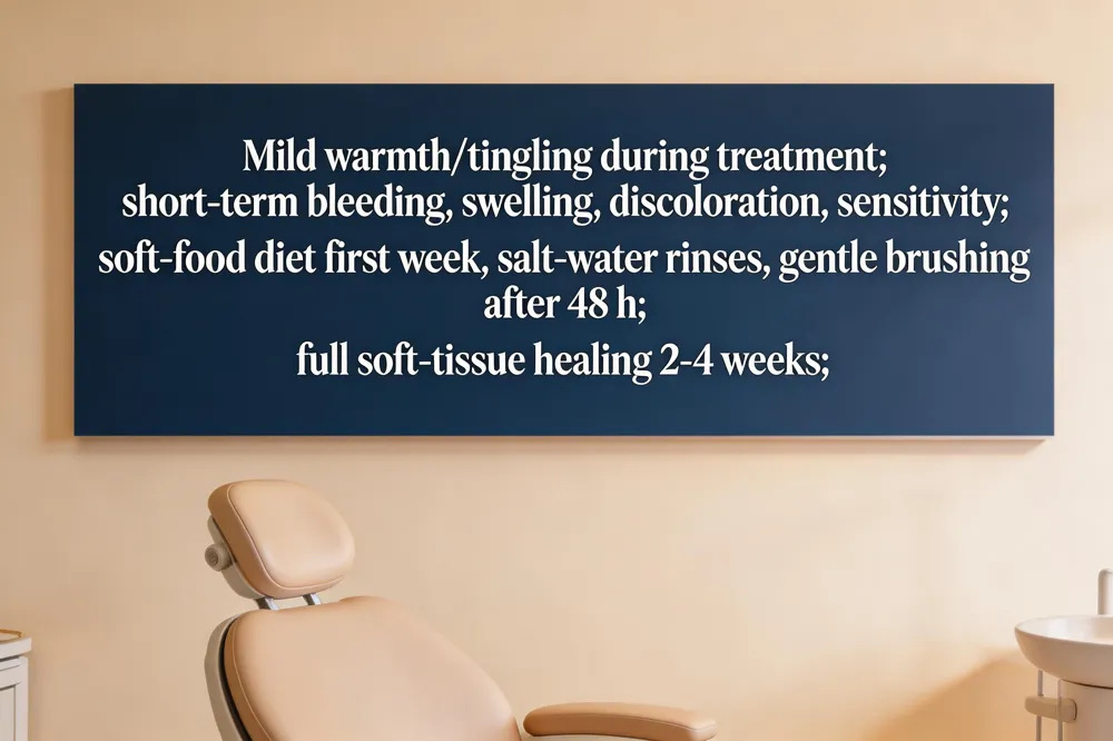 Mild warmth/tingling during treatment; short‑term bleeding, swelling, discoloration, sensitivity; soft‑food diet first week, salt‑water rinses, gentle brushing after 48 h; full soft‑tissue healing 2‑4 weeks.