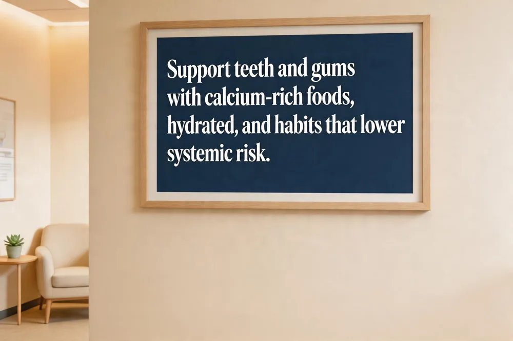 Support teeth and gums with calcium‑rich foods, hydrated, and habits that lower systemic risk.