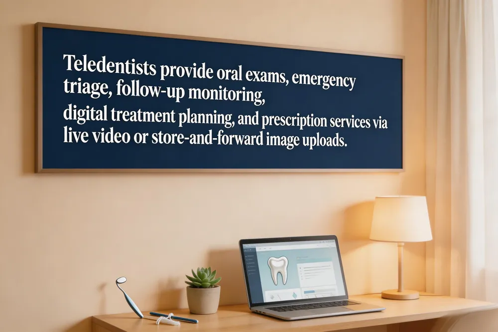 Teledentists provide oral exams, emergency triage, follow‑up monitoring, digital treatment planning, and prescription services via live video or store‑and‑forward image uploads.
