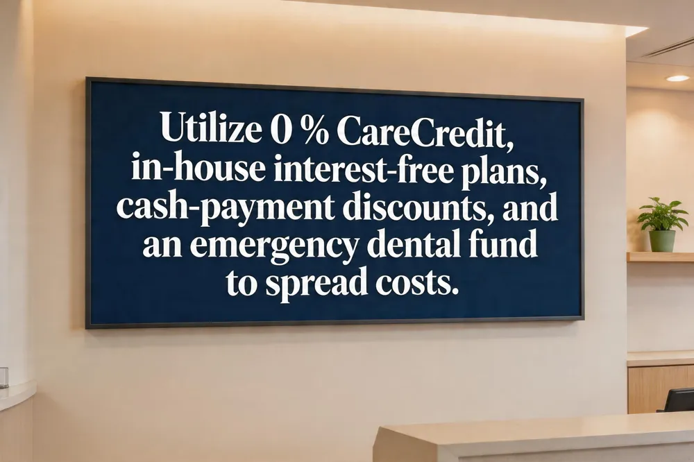 Utilize 0 % CareCredit, in‑house interest‑free plans, cash‑payment discounts, and an emergency dental fund to spread costs.