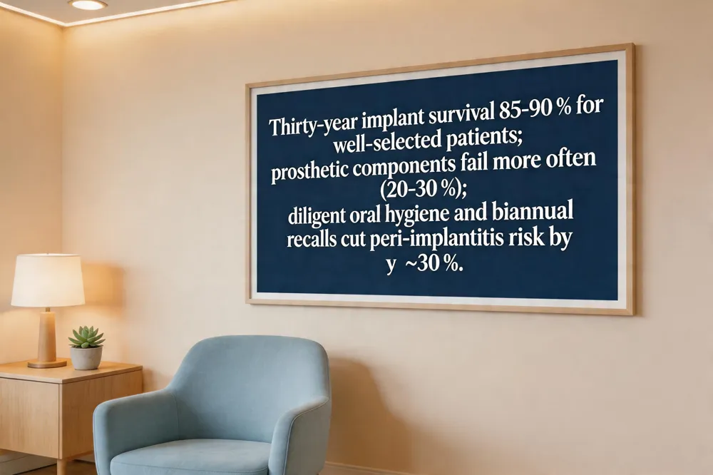 Thirty‑year implant survival 85‑90 % for well‑selected patients; prosthetic components fail more often (20‑30 %); diligent oral hygiene and biannual recalls cut peri‑implantitis risk by ~30 %.