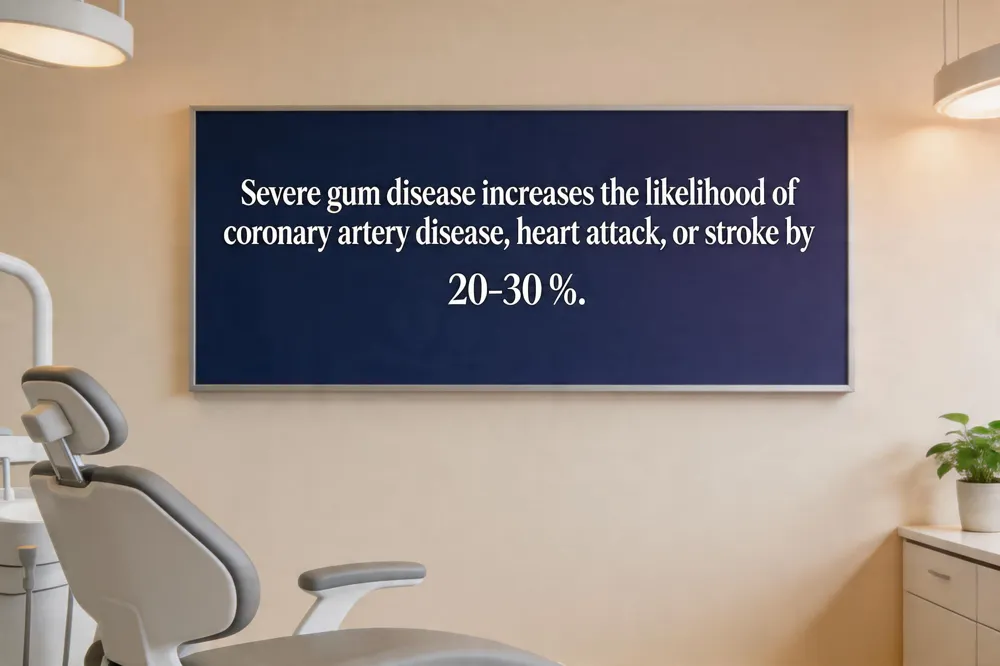 Severe gum disease increases the likelihood of coronary artery disease, heart attack, or stroke by 20‑30 %.