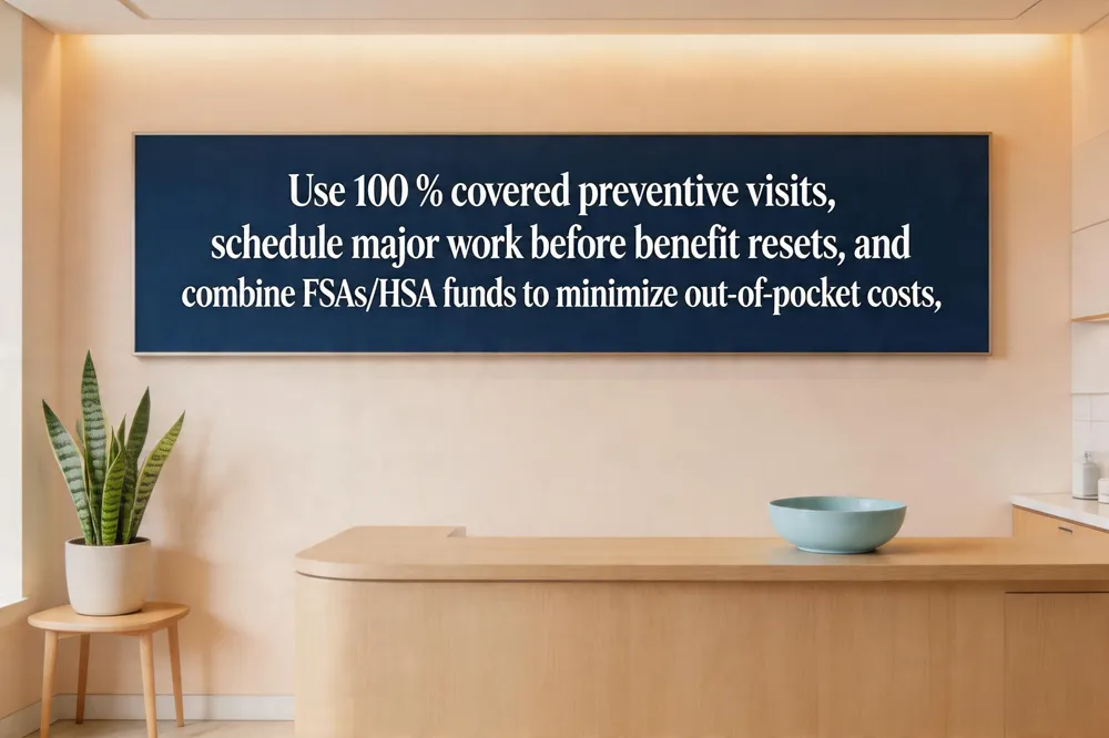 Use 100 % covered preventive visits, schedule major work before benefit resets, and combine FSAs/HSA funds to minimize out‑of‑pocket costs.