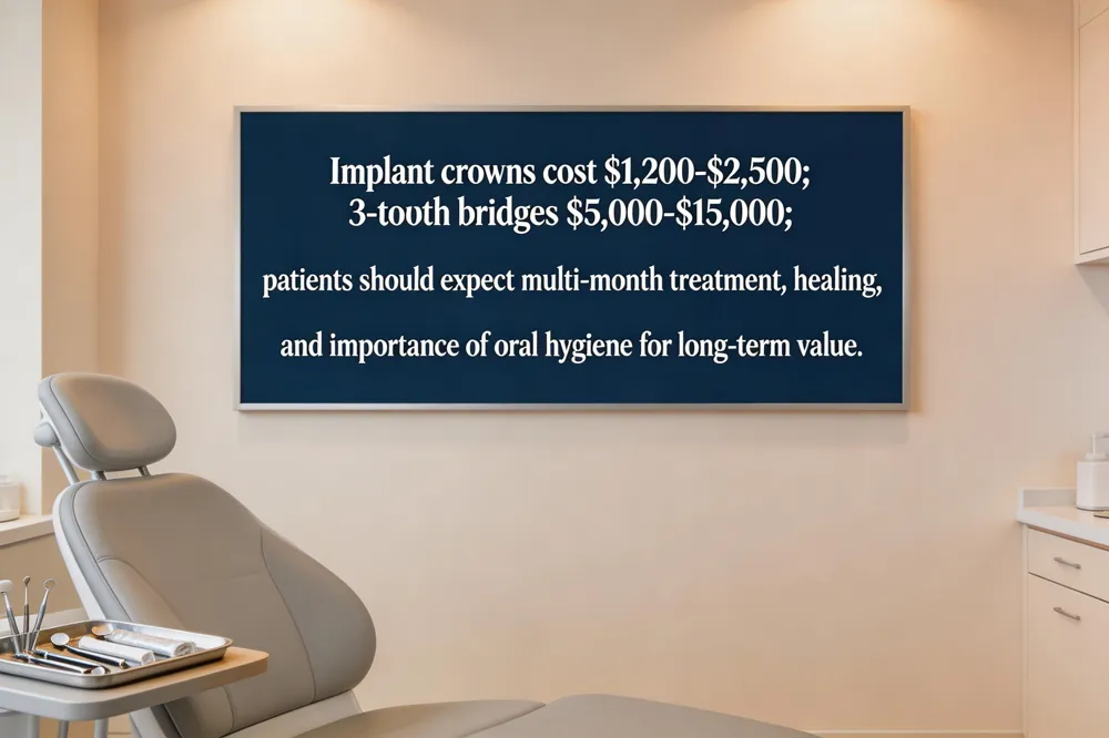 Implant crowns cost $1,200‑$2,500; 3‑tooth bridges $5,000‑$15,000; patients should expect multi‑month treatment, healing, and importance of oral hygiene for long‑term value.
