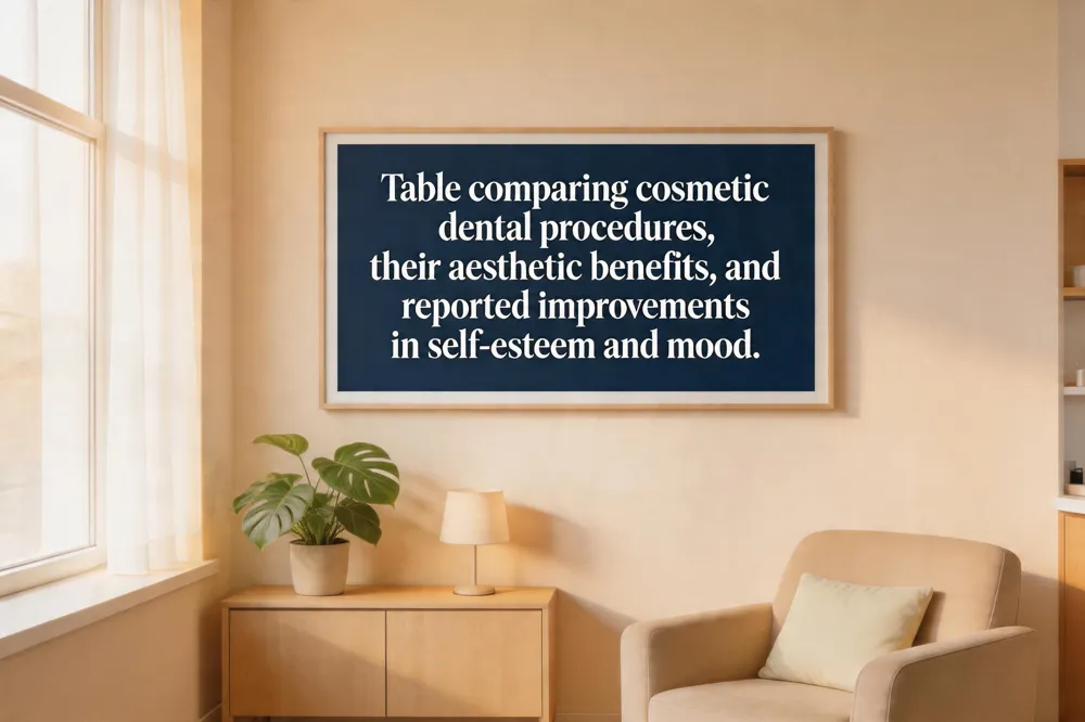 Table comparing cosmetic dental procedures, their aesthetic benefits, and reported improvements in self‑esteem and mood.