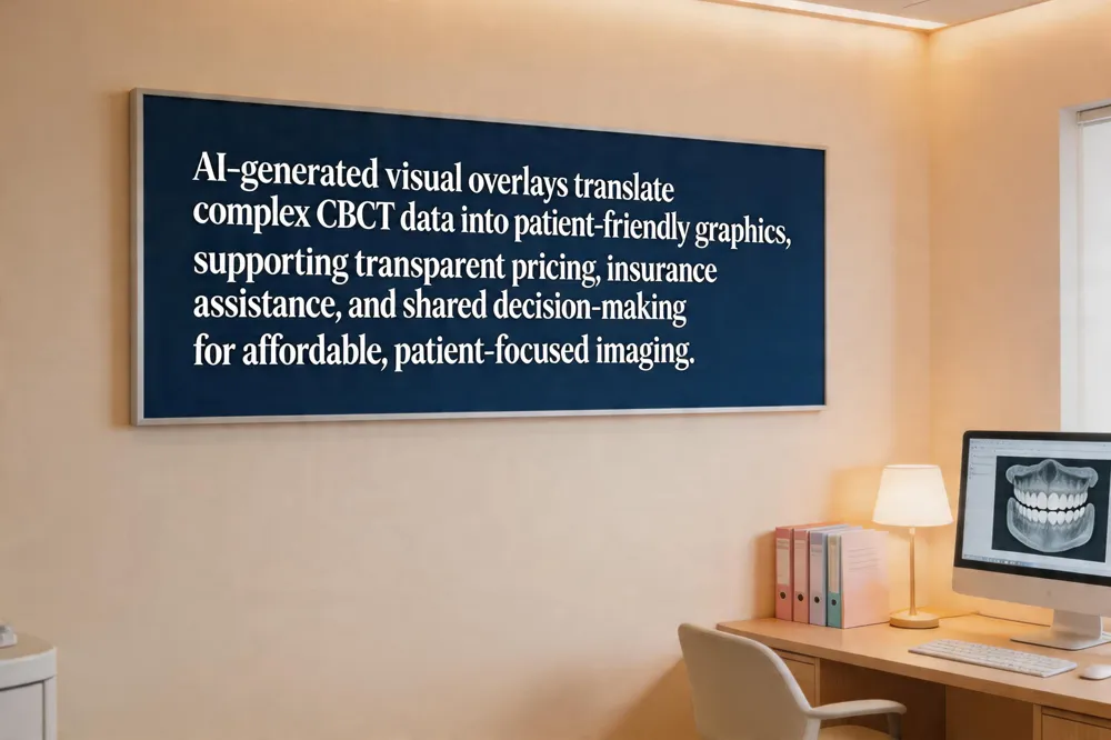 AI‑generated visual overlays translate complex CBCT data into patient‑friendly graphics, supporting transparent pricing, insurance assistance, and shared decision‑making for affordable, patient‑focused imaging.