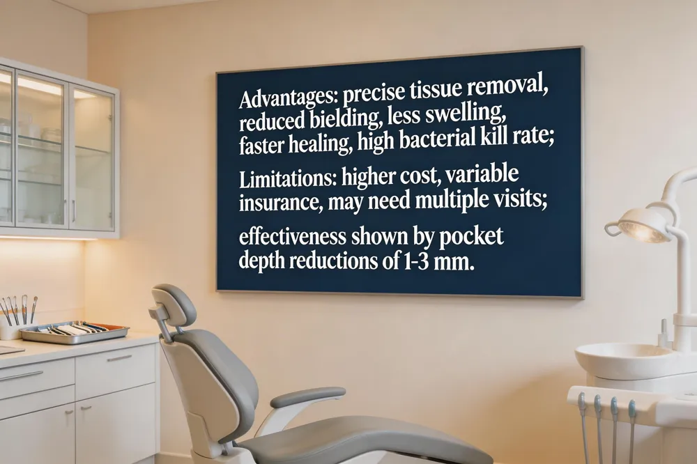 Advantages: precise tissue removal, reduced bleeding, less swelling, faster healing, high bacterial kill rate; Limitations: higher cost, variable insurance, may need multiple visits; effectiveness shown by pocket depth reductions of 1‑3 mm.