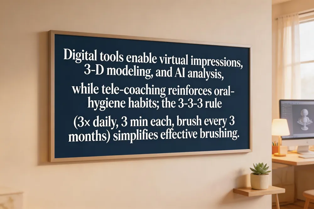 Digital tools enable virtual impressions, 3‑D modeling, and AI analysis, while tele‑coaching reinforces oral‑hygiene habits; the 3‑3‑3 rule (3× daily, 3 min each, brush every 3 months) simplifies effective brushing.