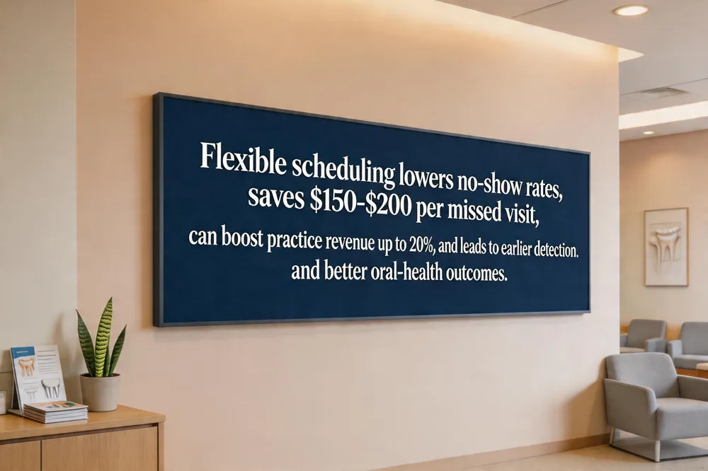 Flexible scheduling lowers no‑show rates, saves $150‑$200 per missed visit, can practice revenue up to 20%, and leads to earlier detection and better oral‑health outcomes.