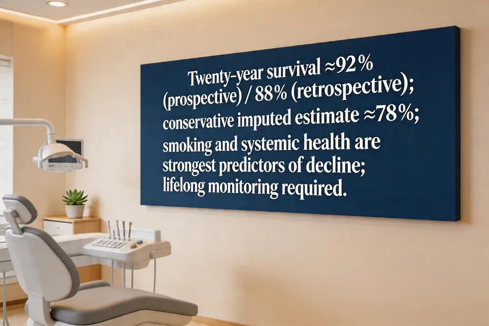 Twenty‑year survival ≈92 % (prospective) / 88 % (retrospective); conservative imputed estimate ≈78 %; smoking and systemic health are strongest predictors of decline; lifelong monitoring required.