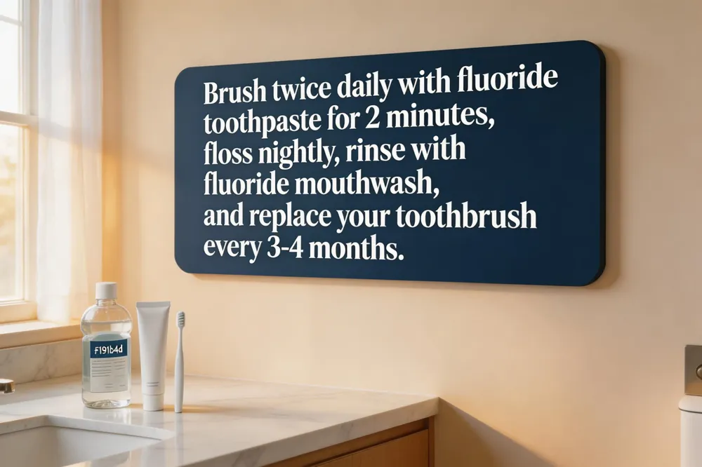 Brush twice daily with fluoride toothpaste for 2 minutes, floss nightly, rinse with fluoride mouthwash, and replace your toothbrush every 3‑4 months.