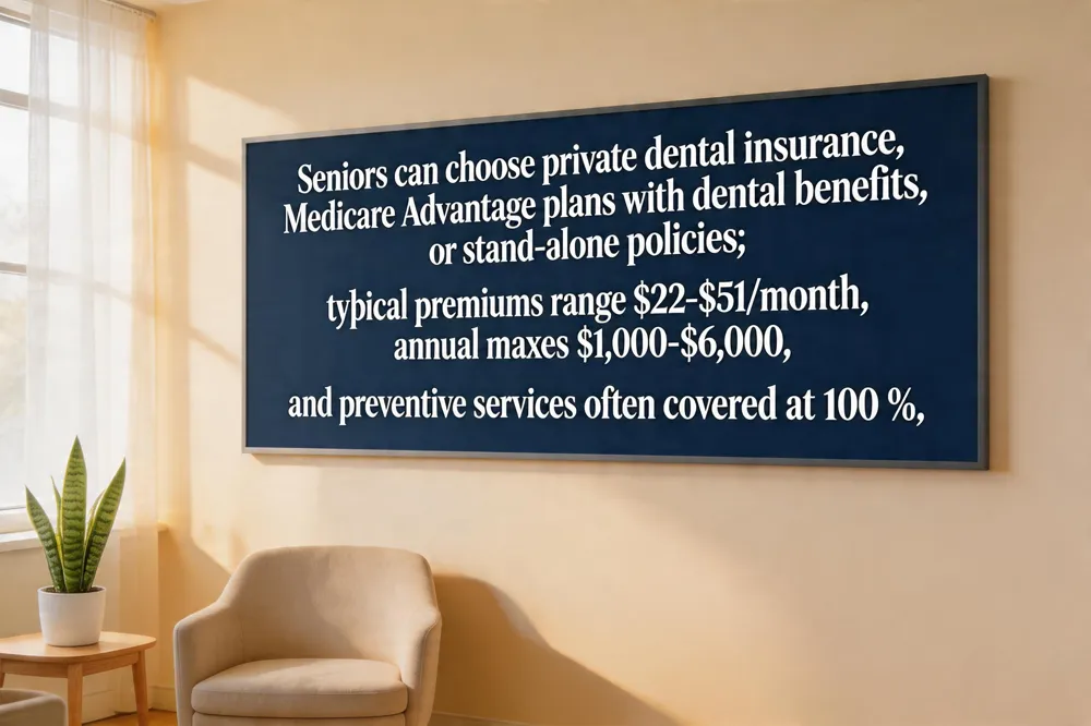 Seniors can choose private dental insurance, Medicare Advantage plans with dental benefits, or stand‑alone policies; typical premiums range $22‑$51/month, annual maxes $1,000‑$6,000, and preventive services often covered at 100 %.
